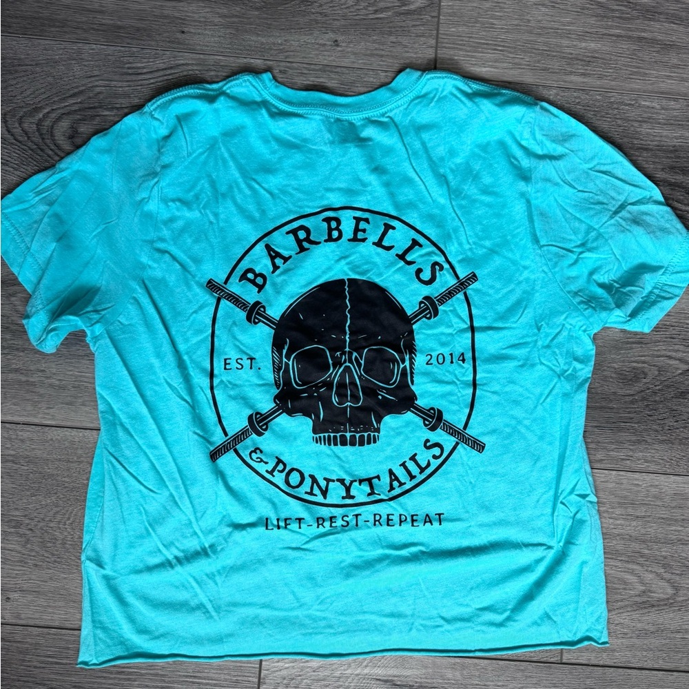 Blue Barbells & Ponytails Graphic crop T-Shirt